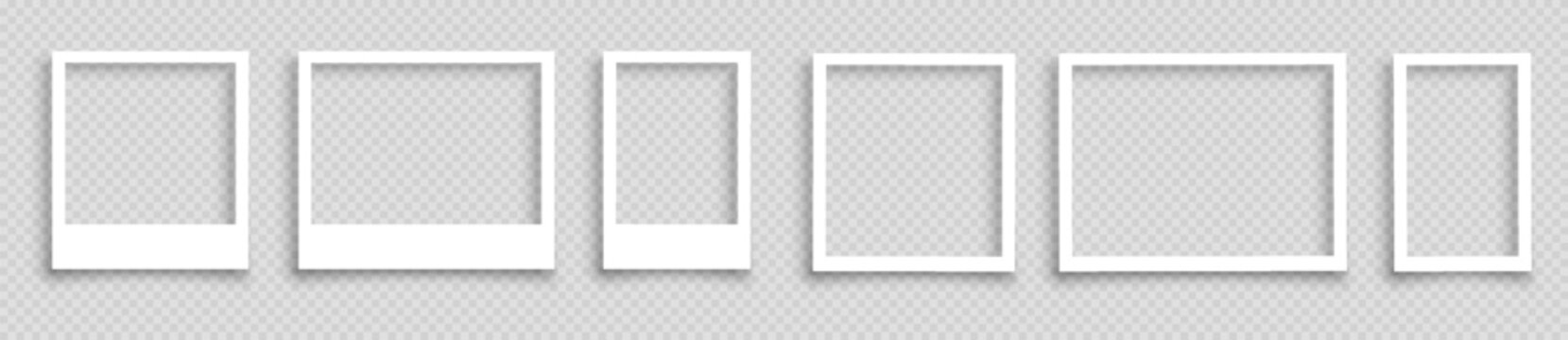 Empty white photo frame mock up with shadows. Set realistic photo card frame template