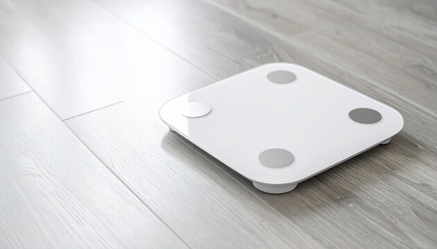 A white bathroom scale sits on a gray wooden floor indoors.