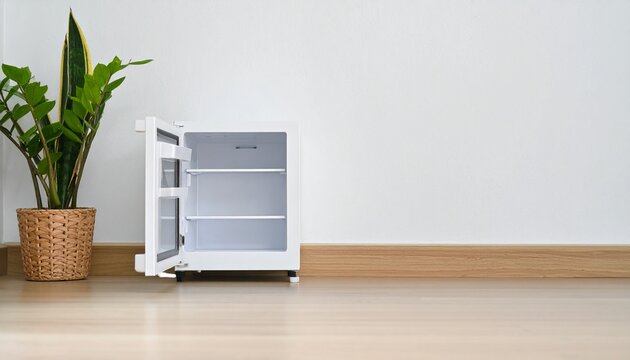 A small white mini fridge stands open next to a potted green plant on a wooden floor against a white wall.