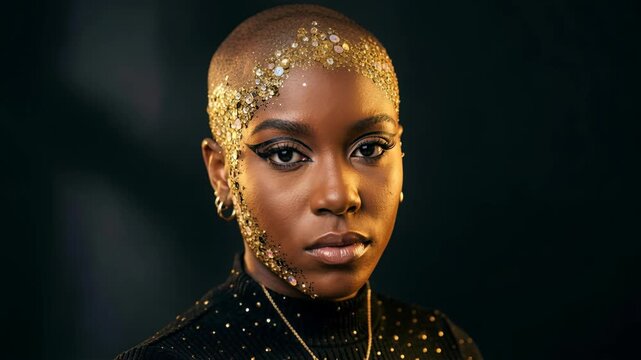 confident black woman with creative makeup and gold sequins posing against dark background