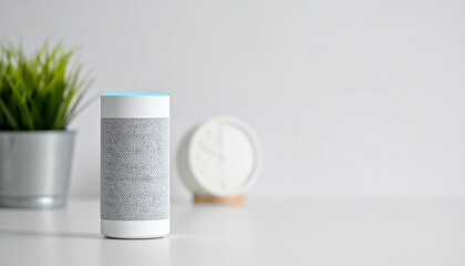 Naklejka premium A cylindrical device with a blue light sits on a table next to a potted plant and clock.