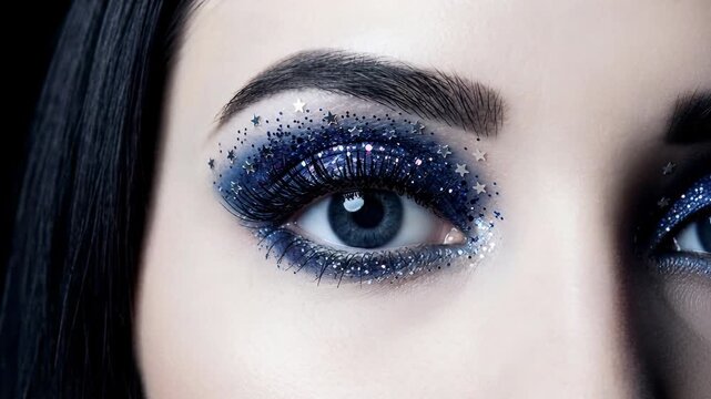 close-up of artistic eye makeup featuring starry glitter and bold blue eyeshadow