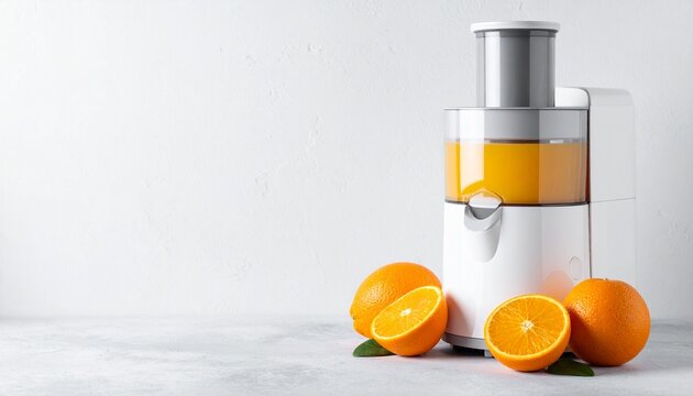 Fresh oranges are squeezed using a modern juicer on a clean surface