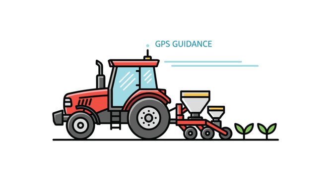 A bright red autonomous tractor pulls a seed planter across a fertile field while following a precise GPS guidance path in a clean, minimalist design.