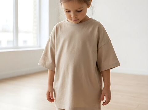 Little girl wearing beige oversized tshirt, child t shirt mockup