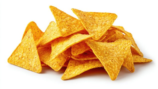 A pile of golden-yellow, crispy, triangular corn tortilla chips