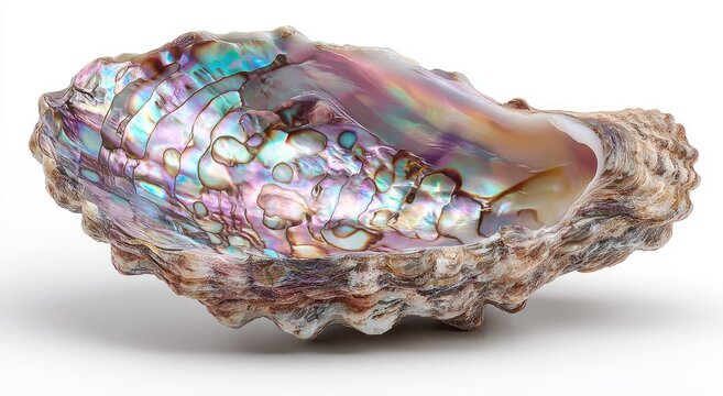 Iridescent shell interior with textured exterior on white