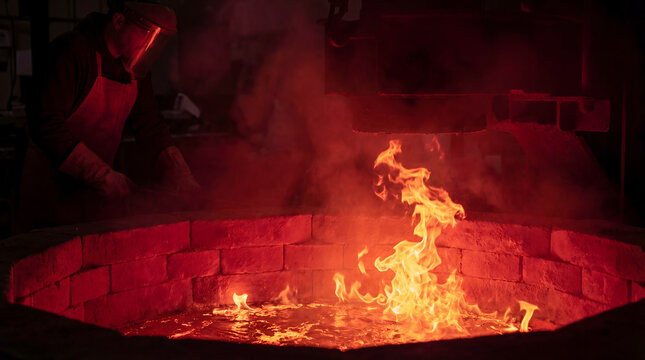 Foundry worker monitoring molten metal in furnace