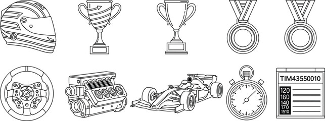 Fototapeta premium Motorsports Icon Set Helmet, Trophies, Medals, Engine, Stopwatch, and Formula 1 Car in Line Art Style
