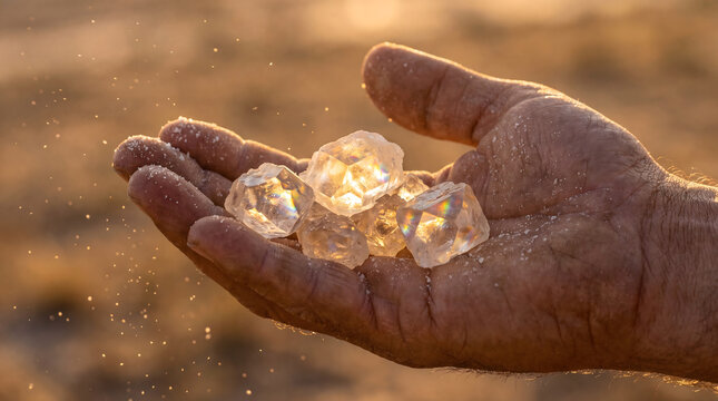 Hand holding rough diamonds sparkling in sunlight