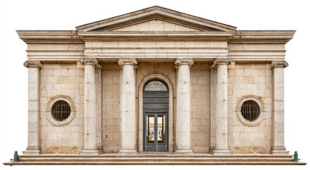 Obraz premium Grand neoclassical building with columns, arched entryway, circular windows, and pediment