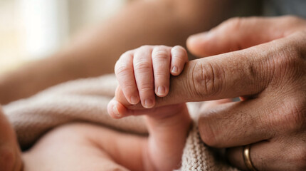 Fototapeta premium Newborn baby hand grasping adult father's finger