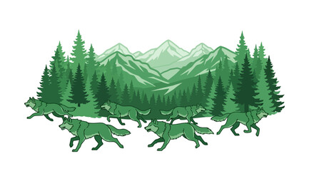 Fototapeta premium wolves running through forest landscape.
