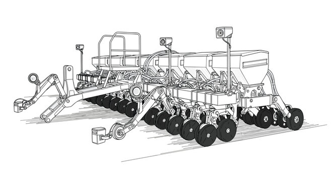 A detailed technical line drawing of a precision seeding machine with multiple wheels, cameras, and hoppers is isolated against a clean white background.