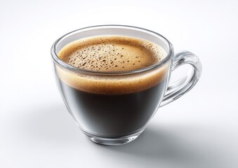 Obraz premium Clear glass cup filled with dark, frothy coffee against a white background