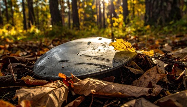 Discarded metal plate with faint scorch marks partially covered by fallen autumn leaves in a forest setting