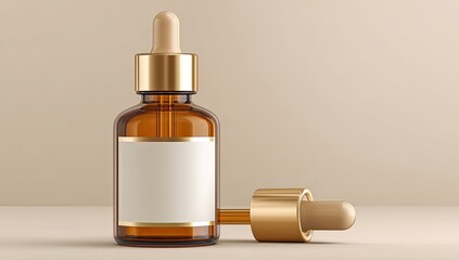 Naklejka premium Amber glass dropper bottle with golden accents and blank label, beside its dropper