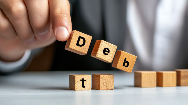 Hand removing a wooden block, spelling out the word debt, symbolizing financial management, relief from obligations, insolvency solutions, and economic freedom from liabilities