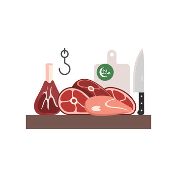 Freshly cut beef meat hanging on a hook with a halal certification mark