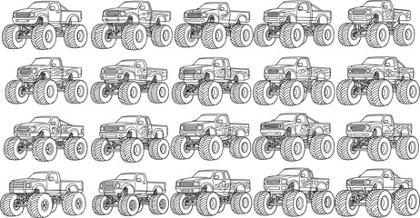 Monster Truck Icon Set Featuring Various Models and Designs in Black and White © Bappi