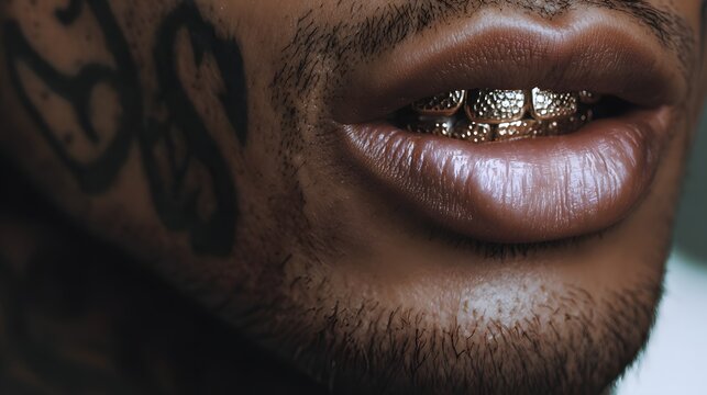 Close up of a man s lips displaying a gold grill