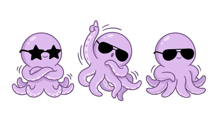 Three purple octopus wearing sunglasses. © Logo