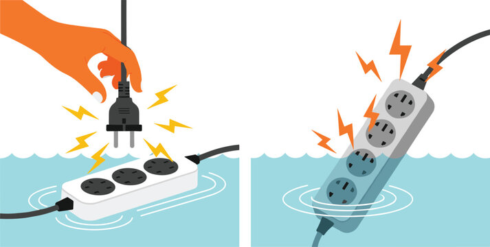 Dangerous Electric Power Strip in Water Vector Set with Sparking Plug and Lightning Bolt for Electrical Hazard Safety Warning Design