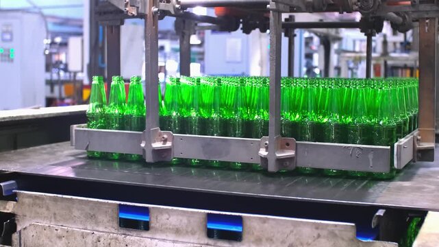 Glass factory, production of glass containers. Packaging of food containers. Robotics in industry. Modern technologies, robotic machines produce products. Technological work at the plant.