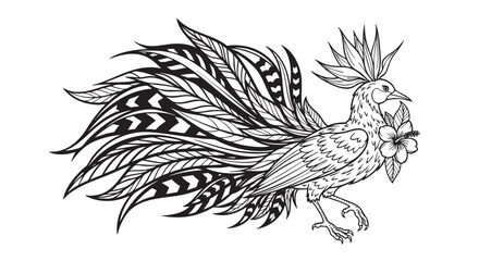 Fototapeta premium Black and white peacock, floral illustration, tattoo style, vector graphic