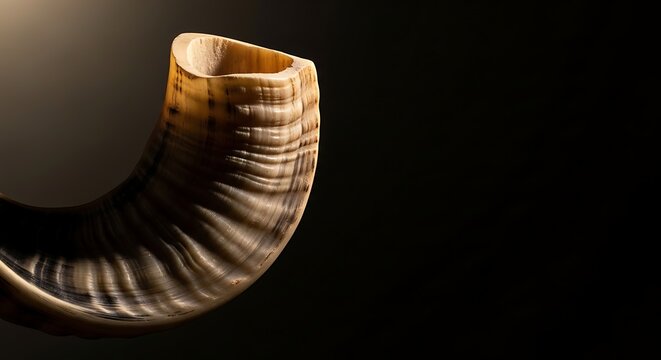 Close up of a ramshorn shofar on a dark background symbolizing Jewish holidays and religious traditions