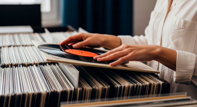 Person browsing vinyl records collection in a store or home library. Nostalgic hobby image for music lovers, vintage culture enthusiasts, and retail marketing.