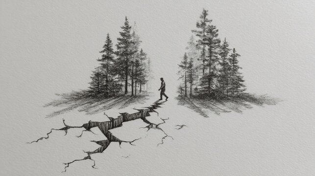 Sketch of a person walking through a crack between two groups of pine trees