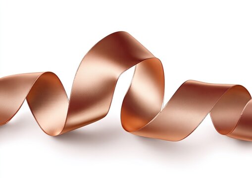 Gleaming copper satin ribbon curls elegantly against a pure white backdrop