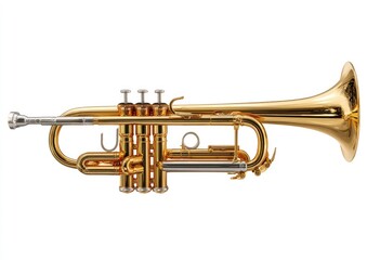 Obraz premium Gleaming golden brass trumpet with silver accents, isolated on white