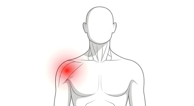 Anatomical illustration of a human torso highlighting pain and inflammation in the shoulder joint area with a red glow.