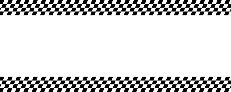 Race checkered flag pattern, seamless rally border texture, black and white finish line ribbon, car race track grid pattern