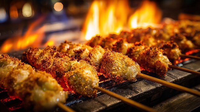 Skewered food grilling over flames, close-up shot highlighting texture and firelight