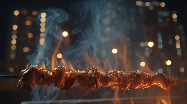 Skewered meat ablaze against a blurred city backdrop, smoke rising