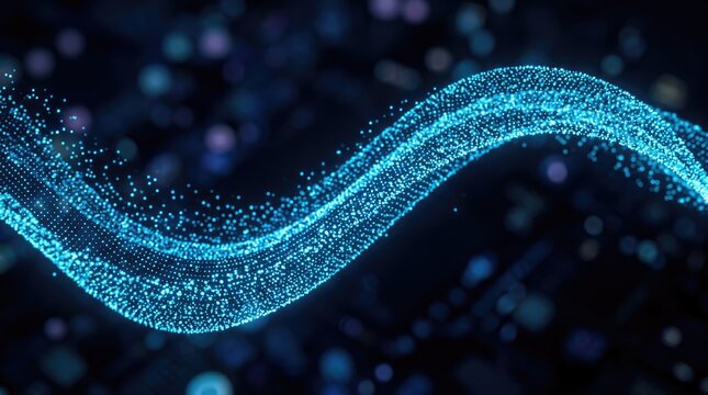 Abstract Blue Particle Wave Flowing on Dark Background.