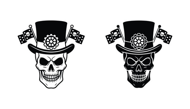 Steampunk skull with top hat and gear cog detail featuring skull and crossbones flags in professional vector illustration style suitable for gaming logos or dark themed graphic design assets