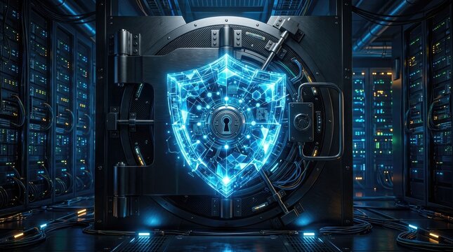 Cybersecurity Shield Protecting Digital Data in Server Room.