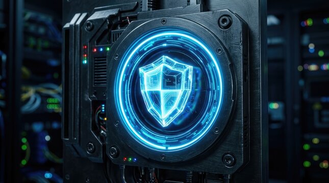 Cybersecurity Shield Icon Glowing Blue on Dark Industrial Background.