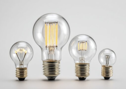 Four glass light bulbs of varying sizes on metallic bases