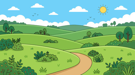 Fototapeta premium A serene landscape of rolling hills and trees under a sunny sky with a winding road
