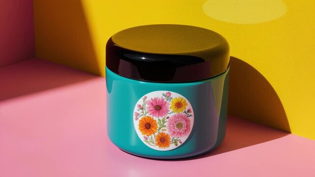 A colorful cylindrical container with a floral design, set against pink and yellow backgrounds