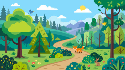 Naklejka premium A serene landscape scene of a dirt road winding through a forest with trees and mountains in the background under a sunny sky.