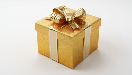 Obraz premium A shimmering gold gift box tied with a luxurious gold ribbon, on a white background