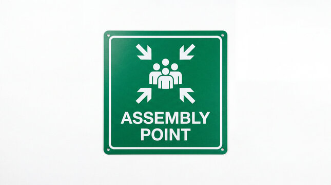 A green assembly point sign with white graphics and text on a plain background