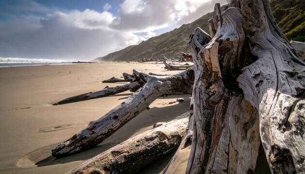 Sun Bleached Driftwood Scattered Across a Sandy Beach Shoreline Under a Cloudy Sky
