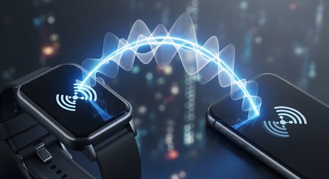 Graphic representation of radio wave signal connecting smart watch and mobile phone on dark background.